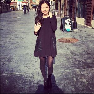 BCBG Black Mini dress, faux leather pockets, size XS